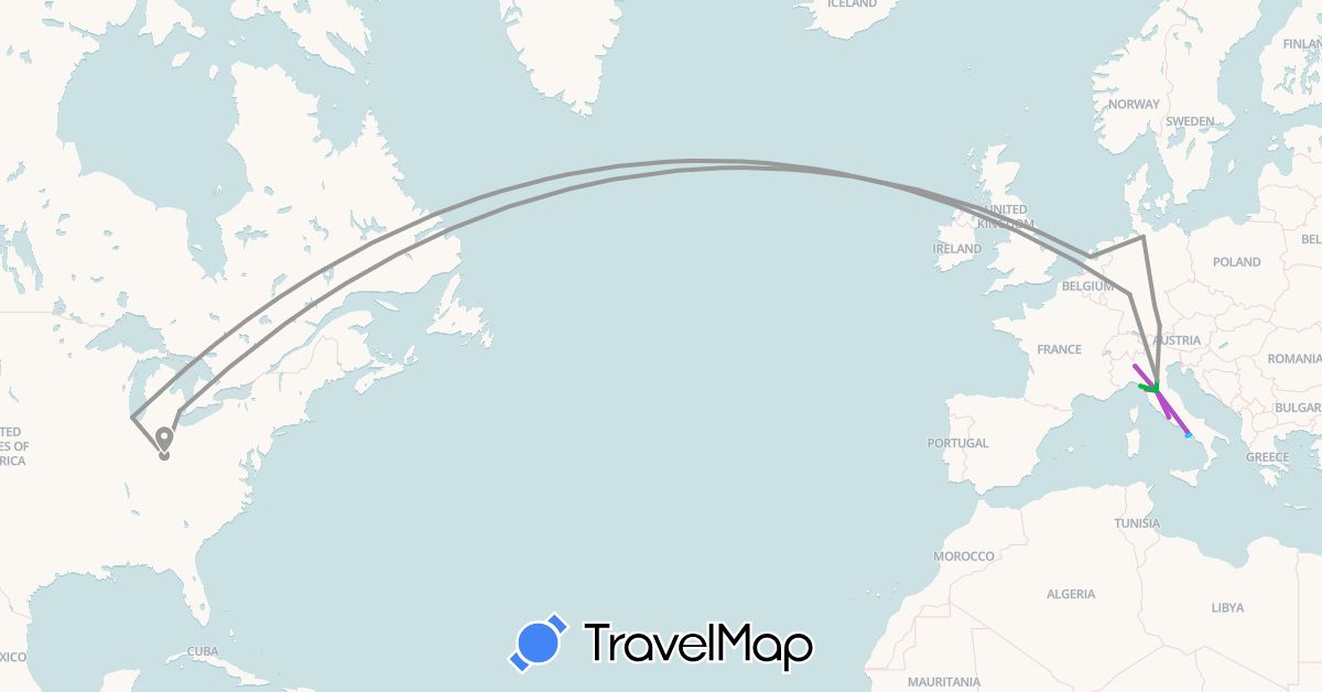 TravelMap itinerary: driving, bus, plane, train, boat in Germany, Italy, Netherlands, United States (Europe, North America)